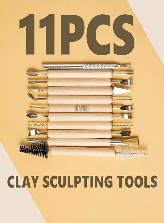 CLAPONE Wooden Handle Clay Pottery Sculpting Tools/Pottery Tool/Pottery Tools Kit for Clay/Sculpture/Tools for Art and Craft/Ceramic Modeling Tool/Crafting Supplies (11PC Double-Sided Clay Sculpting) - Image 2